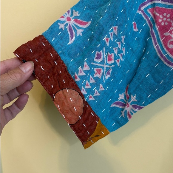 Handmade India Kantha Stitch Cotton Floral Contrast Tie Pockets Duster Cardigan - Picture 12 of 17